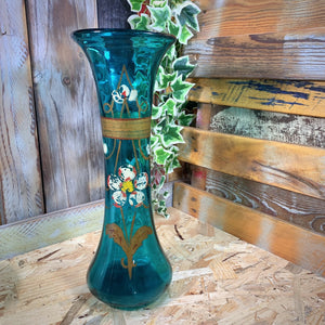 Grand vase à col en verre bleu turquoise. Décor floral Art Nouveau.