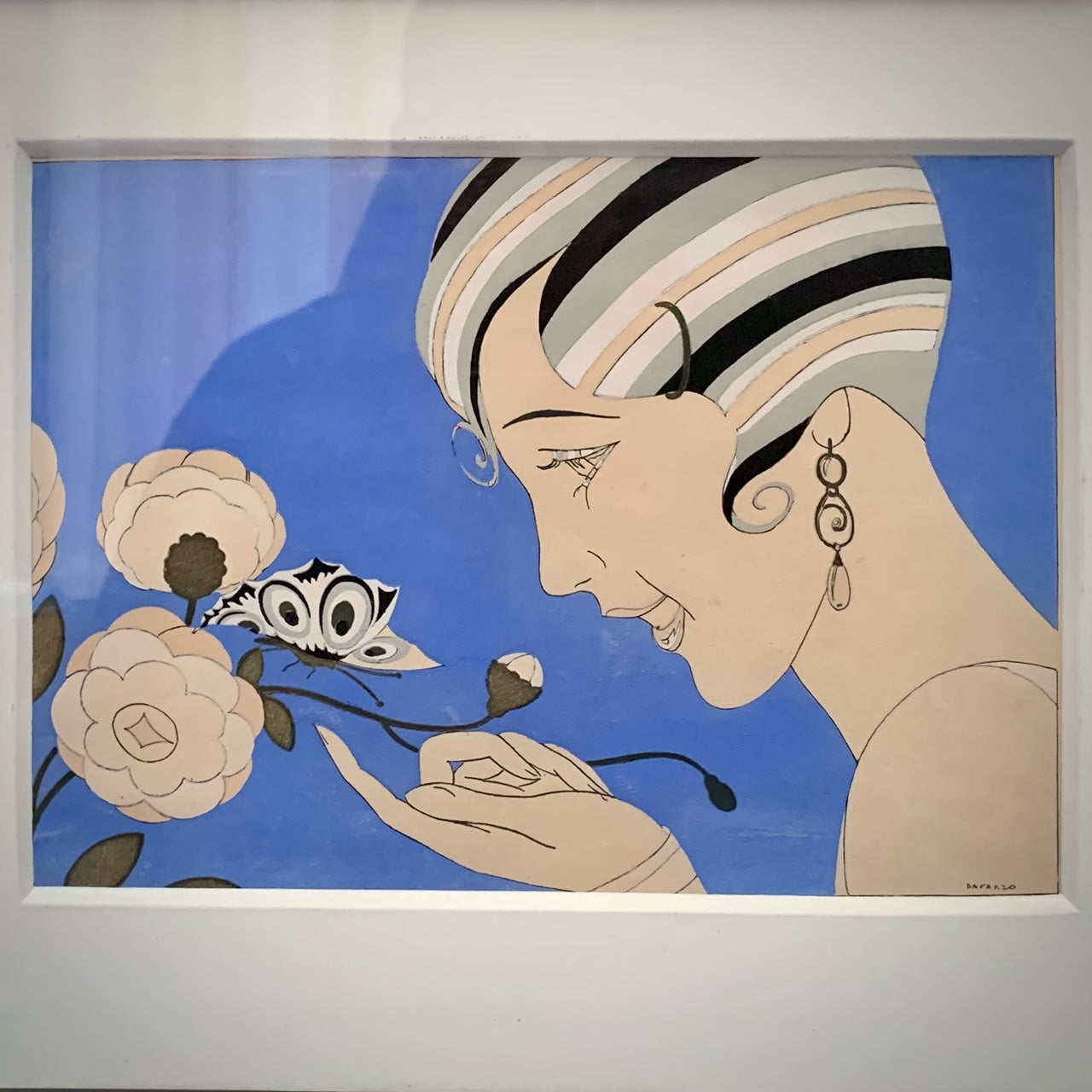 Eau forte et rehaut de gouache. Signée Davanzo. "Femme au papillon". 1930.