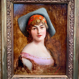 Portrait. " La Femme Gitane ". Huile sur panneau bois. Signé. Fin XIXe.