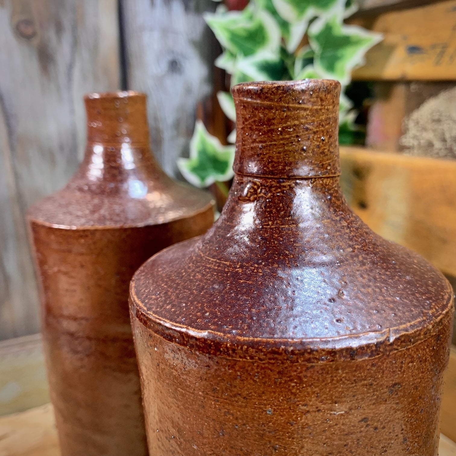 Paire d'anciennes bouteilles en grés vernissé. XIXème.