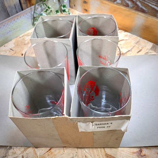 6 verres publicitaires Primerose jus de fruits et soda vintage avec carton d'origine.