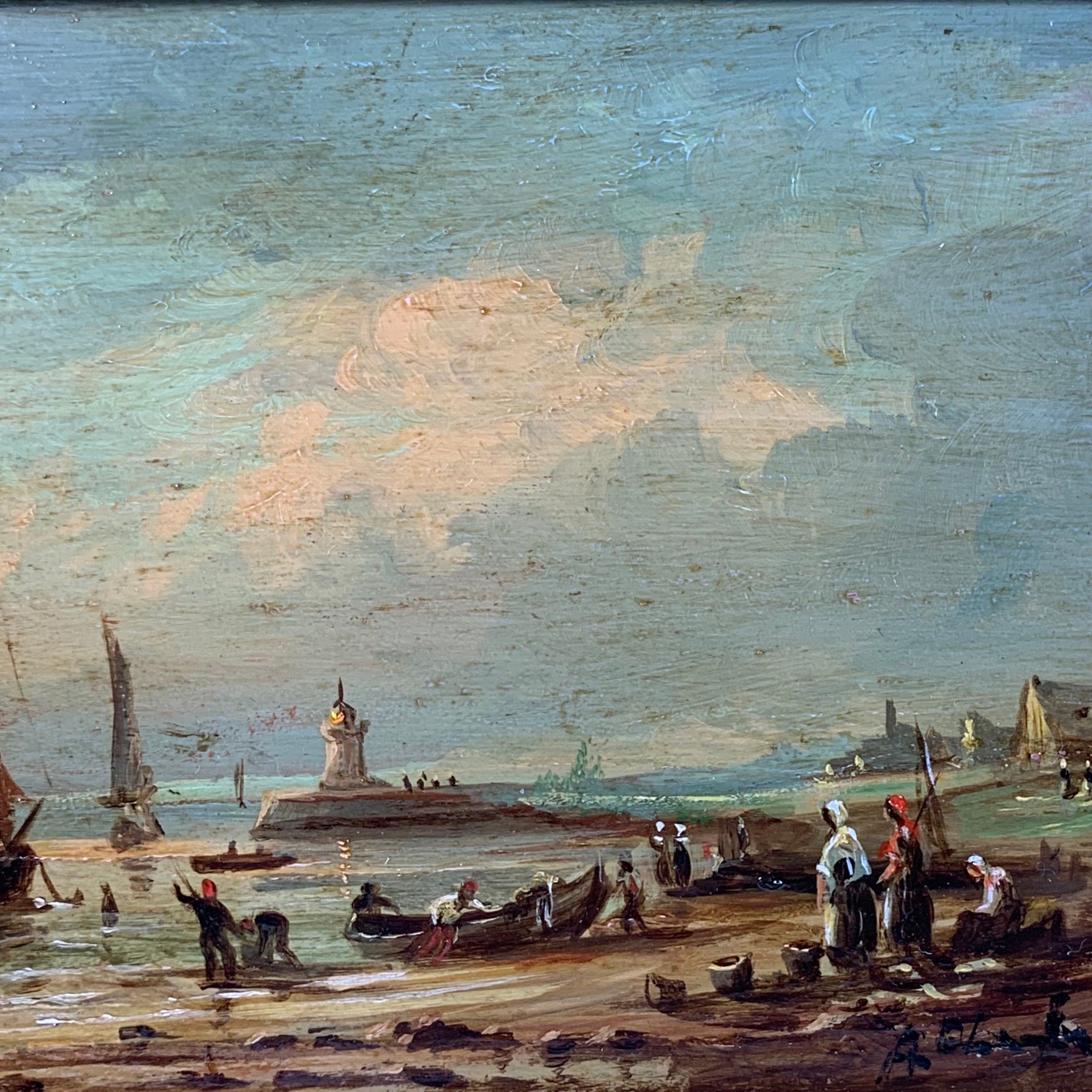 Tableau Huile sur bois, marine, retour de pêche. 19ème siècle.
