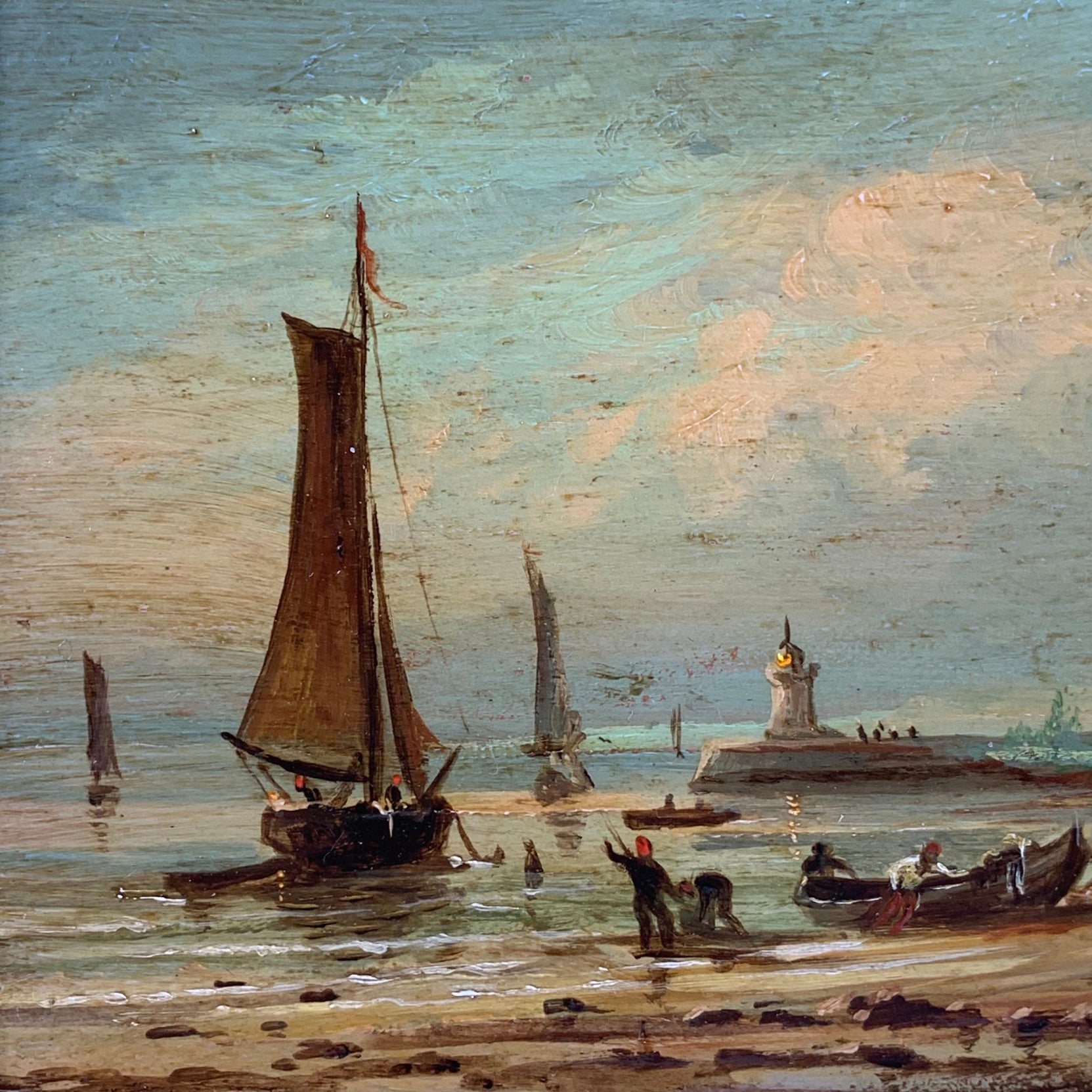 Tableau Huile sur bois, marine, retour de pêche. 19ème siècle.