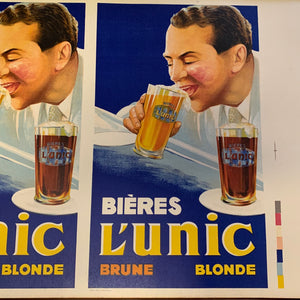 Carton publicitaire BIÈRES L’UNIC. 1930. Test d’impression.