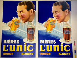 Carton publicitaire BIÈRES L’UNIC. 1930. Test d’impression.
