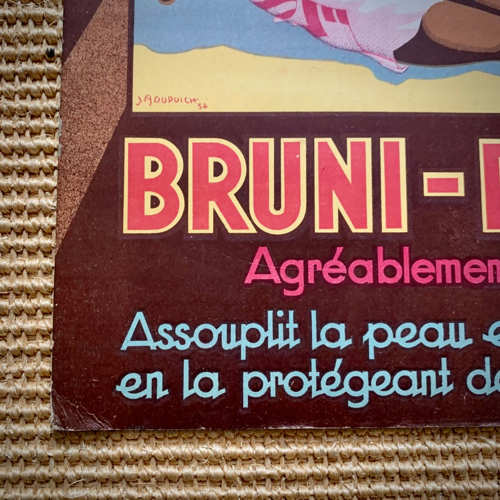Carton publicitaire, crème  Bruni - Plage. Illustration de J.A.DUPUICH 1934.