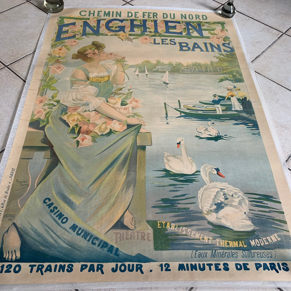 Affiche lithographie. Chemin de fer du Nord. Enghien Les Bains. Raymond Tournon.